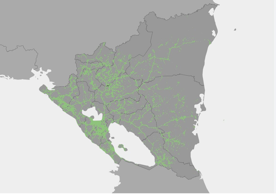 Cellular coverage map of Nicaragua